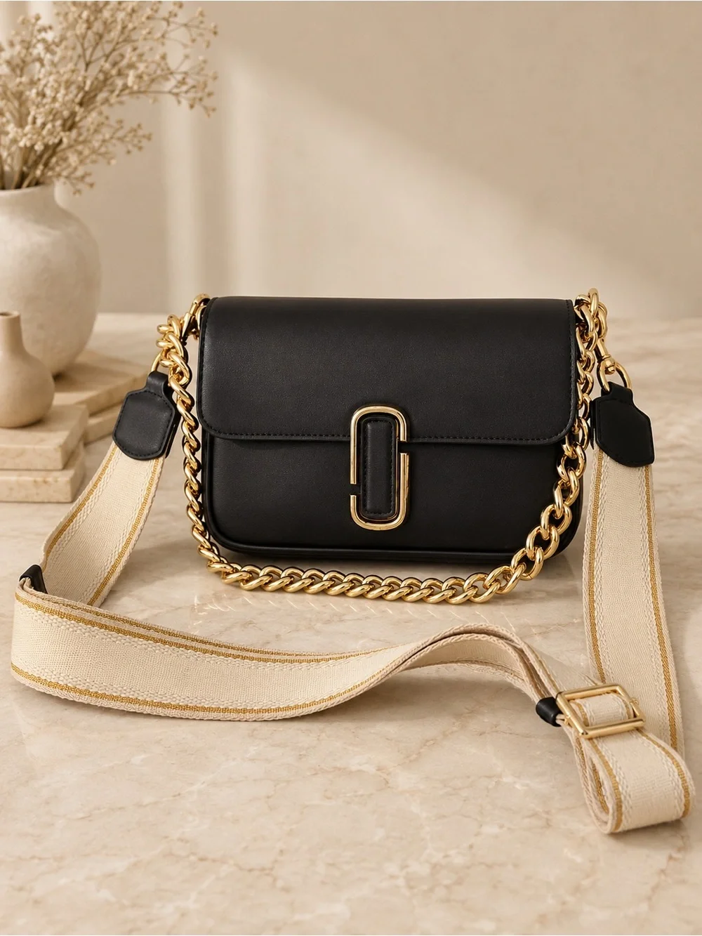 Marc Jacobs The J Marc Mini Black Leather Shoulder Crossbody Bag Chain Strap